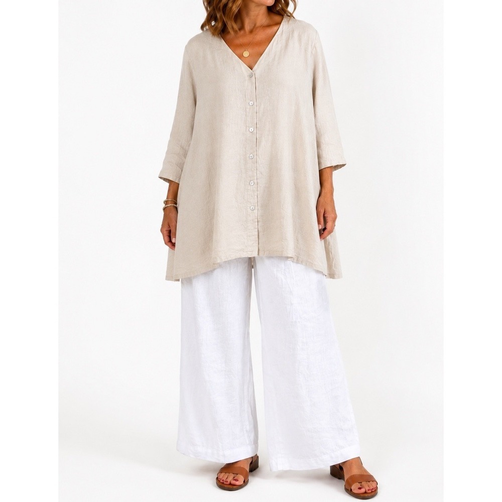Bryn Walker Linen Tunic Womens XL Beige Oversized Lagenlook A Line Made USA